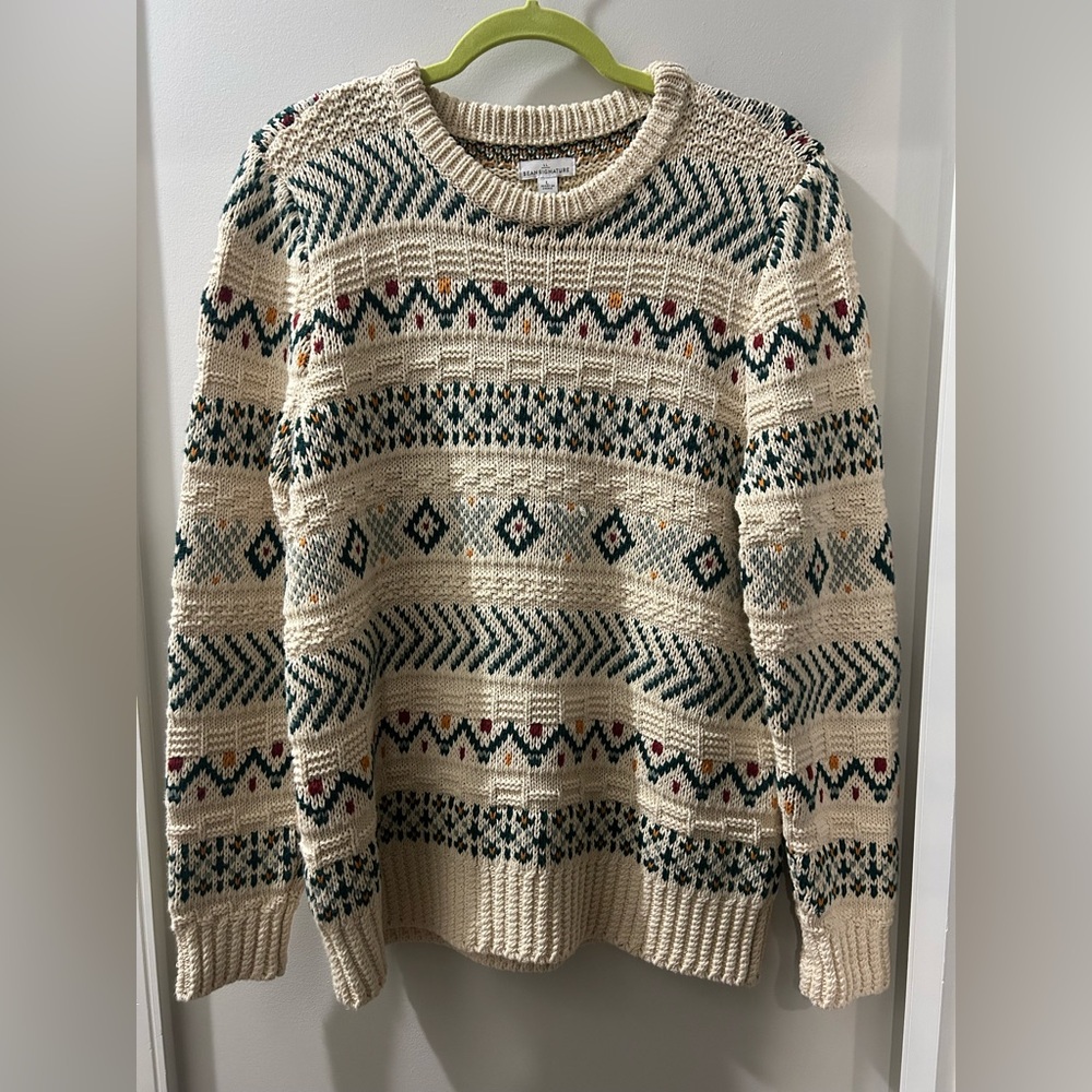 LL Bean Signature Cream and Green Patterned Crewneck Sweater